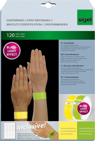 SIGEL EB219 Einlassbänder Super Soft, 2 x 60 Stück, Gelb und Grün fluoreszierend, Festival Armbänder