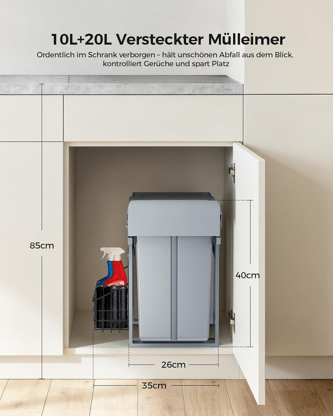 lovewind Abfallsammler Tandem, 10L+20L, Mülleimer küche, Mülltrennsystem für Unterschrank，Abfalleime