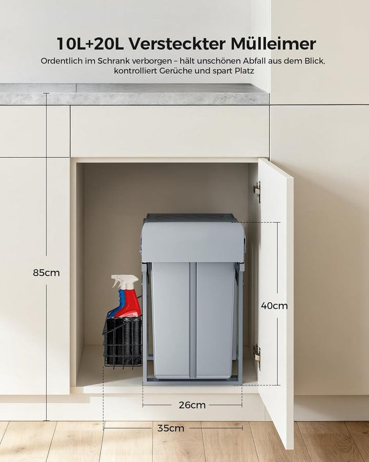 lovewind Abfallsammler Tandem, 10L+20L, Mülleimer küche, Mülltrennsystem für Unterschrank，Abfalleime