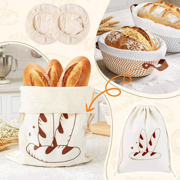 Gärkörbchen Sauerteig Starter Set, 2 Gärkorb (25cm Ovale & 23cm Runde), Brotbackset mit Sauerteig-Gl