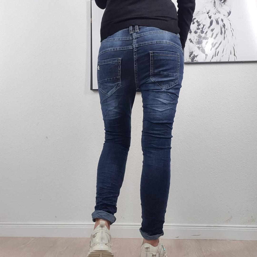 Jewelly Damen Boyfriend Stretch Jeans| Denim Hose für Frauen| 5-Pocket Bagggy Pants S Nice Buttons,