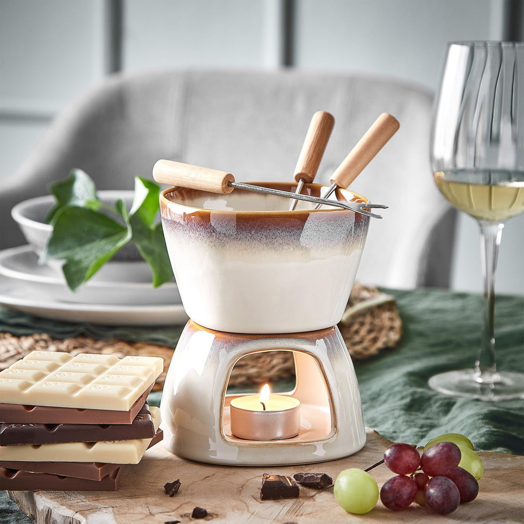 BUTLERS Mini Schokofondue Set für 2 Personen - braun beige Keramik mit reaktiver Glasur, 2 Edelstahl