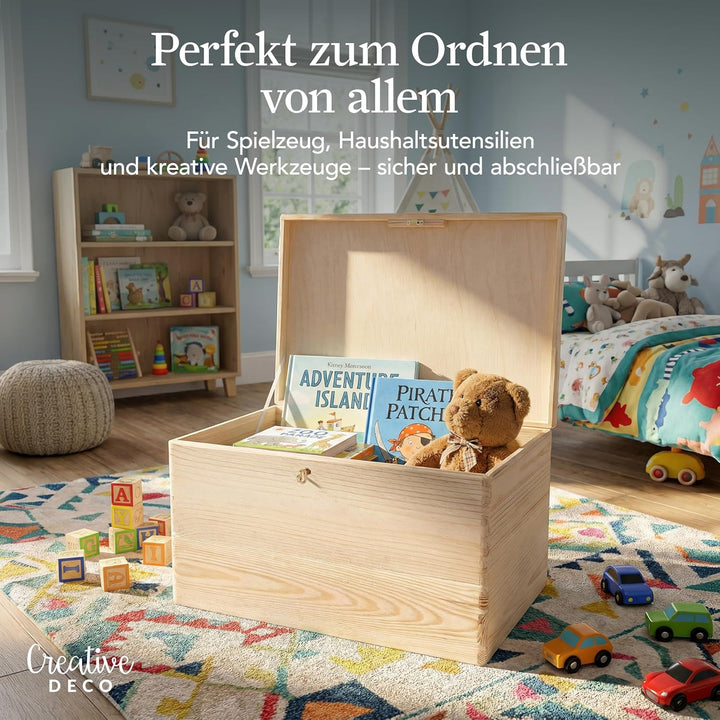 Creative Deco XXL Grosse Holzkiste mit Deckel und Schlüssel | 40x30x24 cm (+/-1cm) | Ostern Holztruh