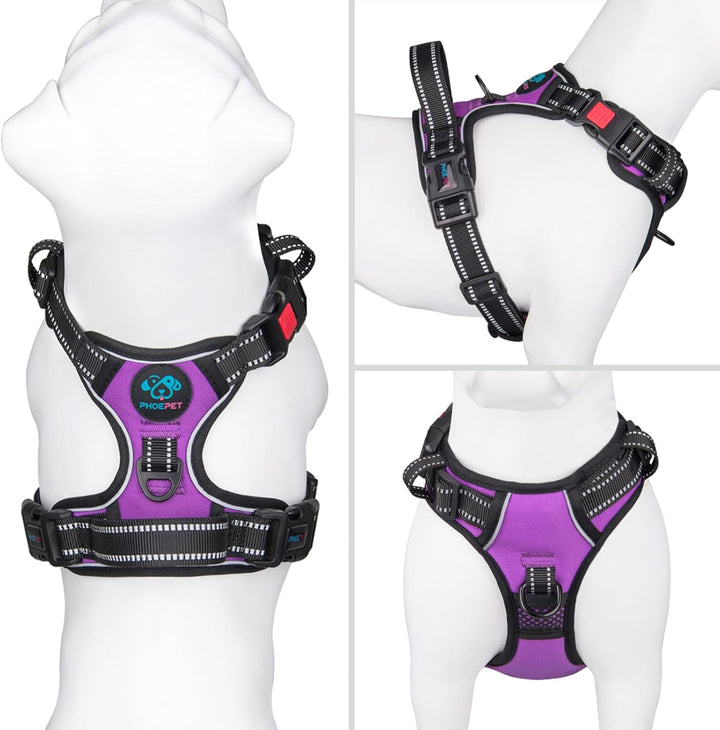 PHOEPET Hundegeschirr Grosse Hunde, Anti Zug, Einfach Anzulegen,Lila,XL | No Pull,Verstellbar, mit G