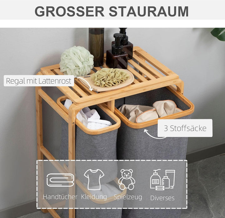 HOMCOM Wäschekorb Wäschebox mit Plattform Wäschesammler mit 3 abnehmbaren Wäschesacke Wäschesortiere