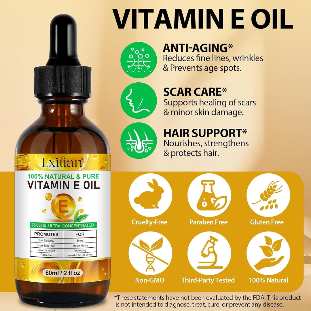 Vitamin E Öl Bio für Kosmetik, Vitamin E Tropfen, 75,000 IU, 100% Reines Natürliches vitamin e Öl fü
