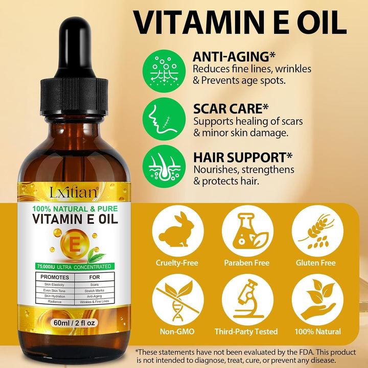 Vitamin E Öl Bio für Kosmetik, Vitamin E Tropfen, 75,000 IU, 100% Reines Natürliches vitamin e Öl fü