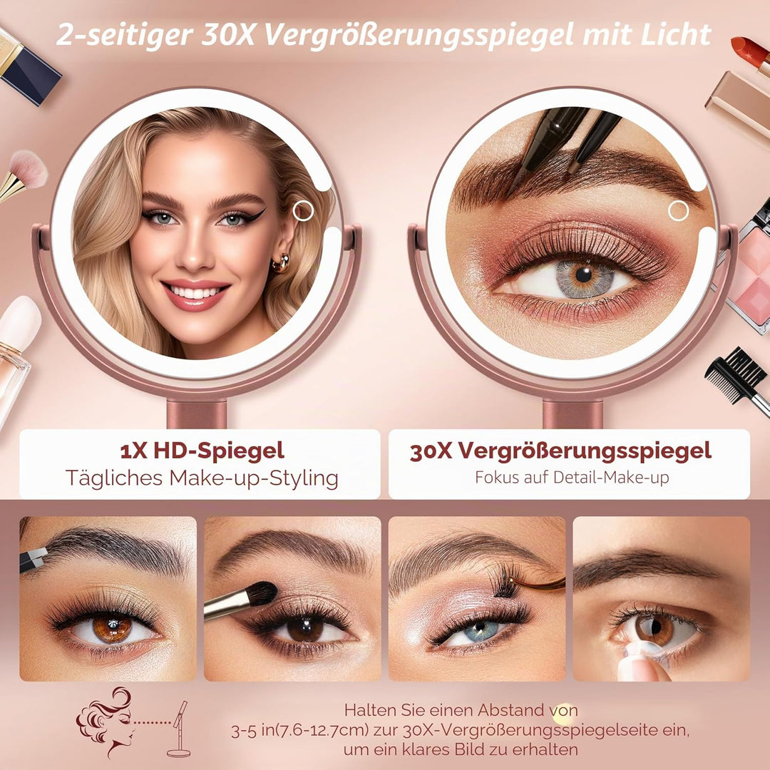 B Beauty Planet Beleuchteter Makeup Spiegel 30X Vergrösserungsspiegel mit 3 Farblicht, dimmbare LED
