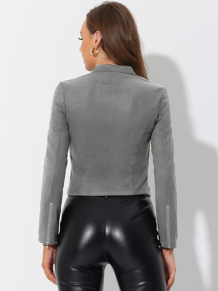 Allegra K Damen Faux Wildleder Jacke Stehkragen Reissverschluss Kurze Bikerjacke L Grau