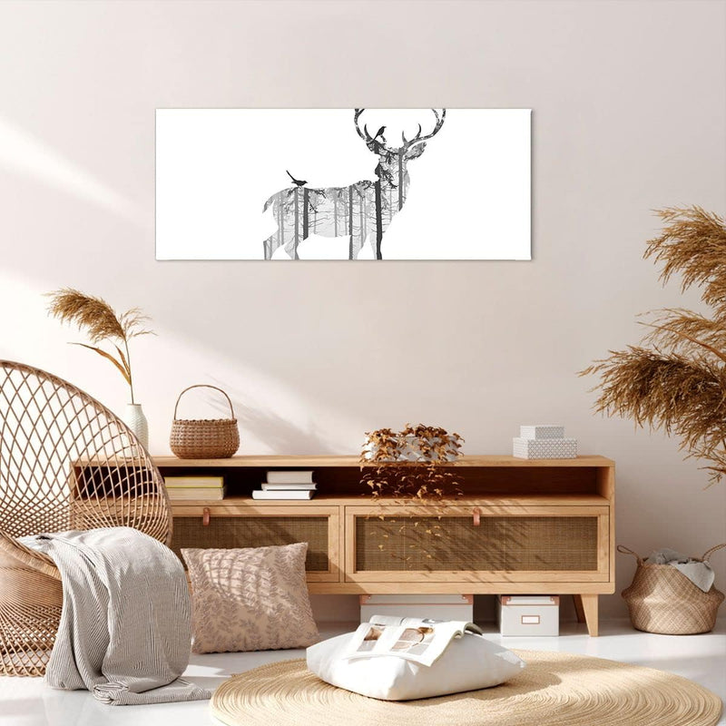 Wandbilder Dekoration Wohnzimmer Hirsch Herbst Wald Illustration Panorama Bilder auf Leinwand 120x50