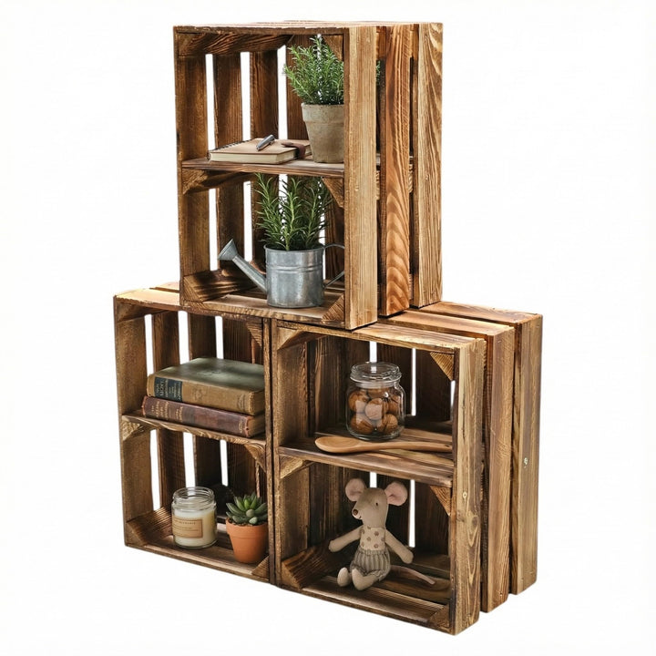 Teramico 3er Set Holzkiste Weinkiste Obstkiste GEFLAMMT 40cm x 30cm x 25cm -mit Zwischenboden- als R