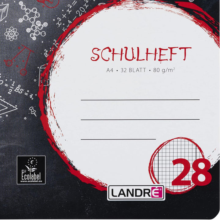 Landré Schulheft A4, 32 Blatt, Lineatur 28, kariert mit Rand, 10 Stück, Lineatur 28