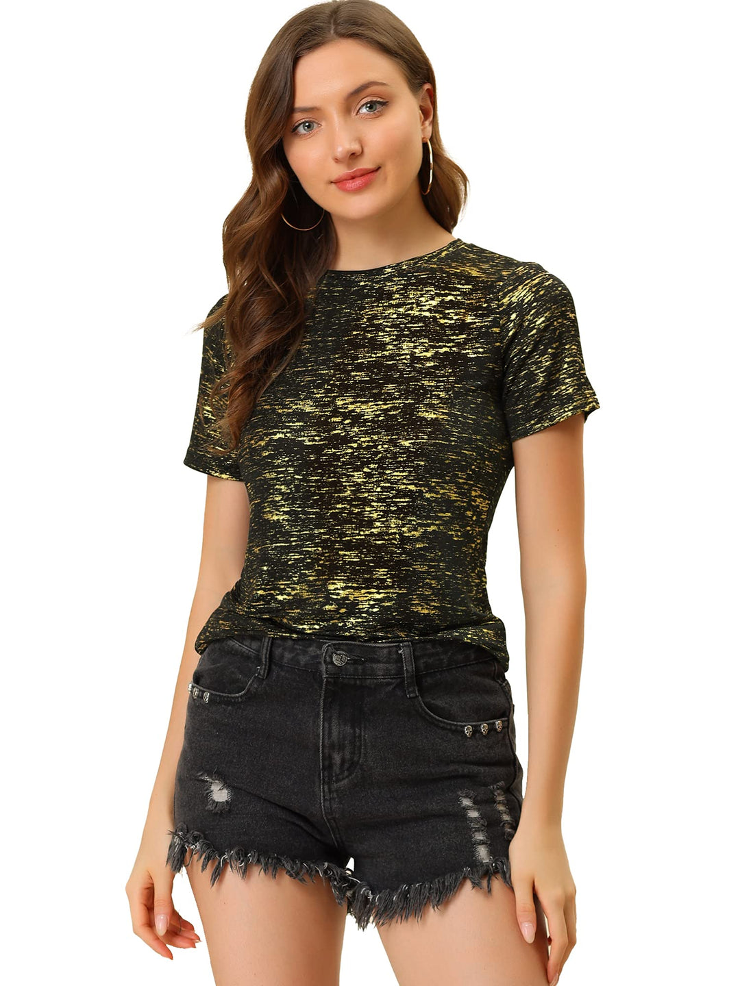 Allegra K Damen Sexy Metallic Party Top Outfit Festival Glitzer Kurzarm Rundhals T-shirt Oberteil Bl