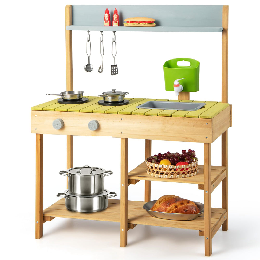 COSTWAY Matschküche Outdoor, Kinderküche Holz mit Wasserfunktion, Spielküche mit Haken & Abnehmbarem