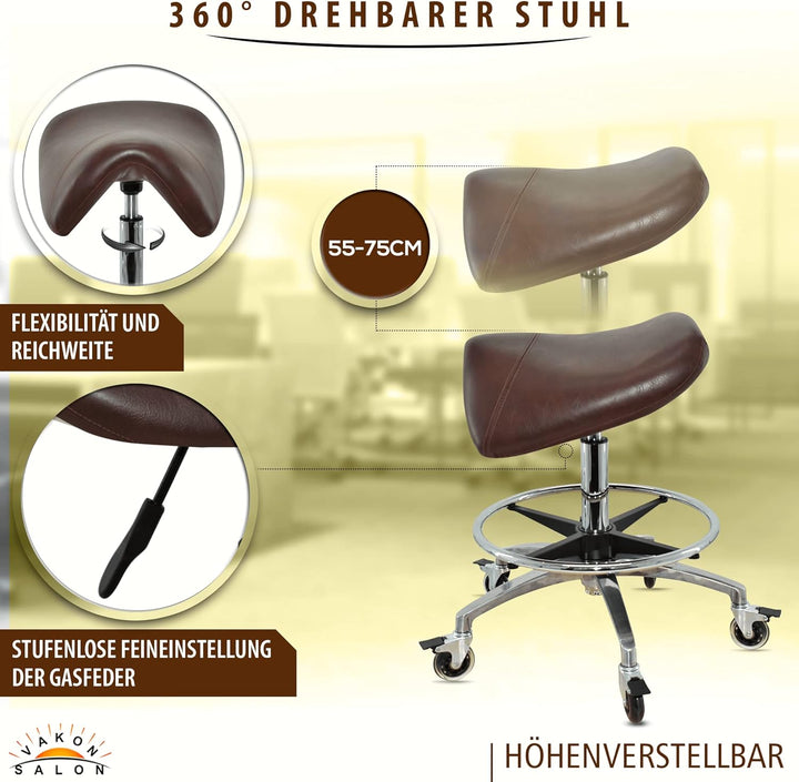 Premium Sattelhocker braun mit Bremse, Sattelstuhl für Rückenentlastung, Rollhocker höhenverstellbar