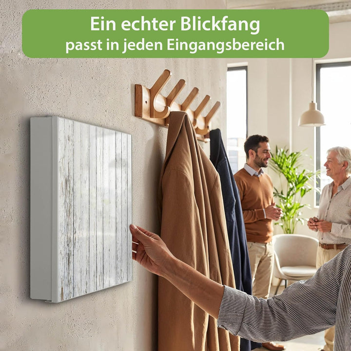 banjado® Grosser Schlüsselkasten Glas/Schlüsselbox 30cm x 30cm mit 50 Haken - Motiv Weisser Holzzaun
