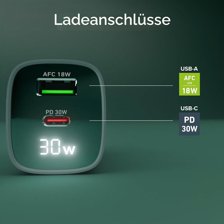 SBS Mehrport-Ladegerät 30W mit LCD, 1 USB-C-Anschluss und 1 USB-A-Anschluss, EU-Stecker, Power Deliv