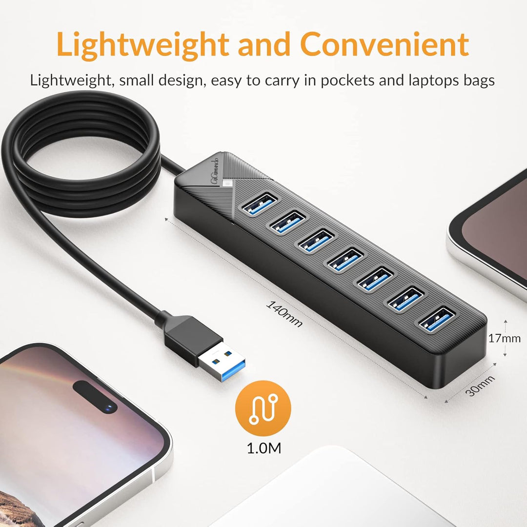 GiGimundo PG7U USB Hub 3.0, 7-Port USB Verteiler, 1M Lang Kabel mit 5V/3A Stromeingang, Mehrfach USB