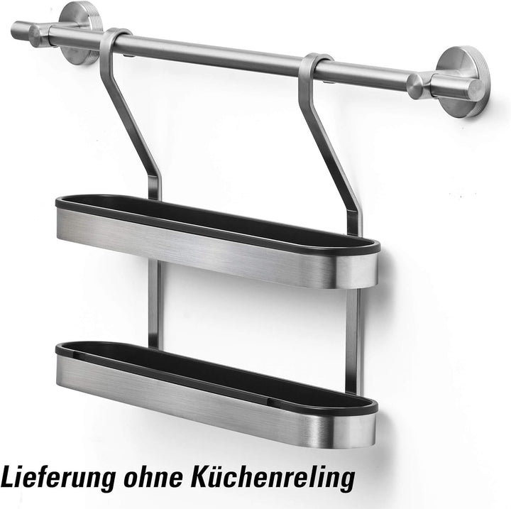 AMARE Gewürzregal aus Edelstahl für die Küche, geeignet für Relingsysteme, 38 x 7,2 x 29 cm, Gewürzr