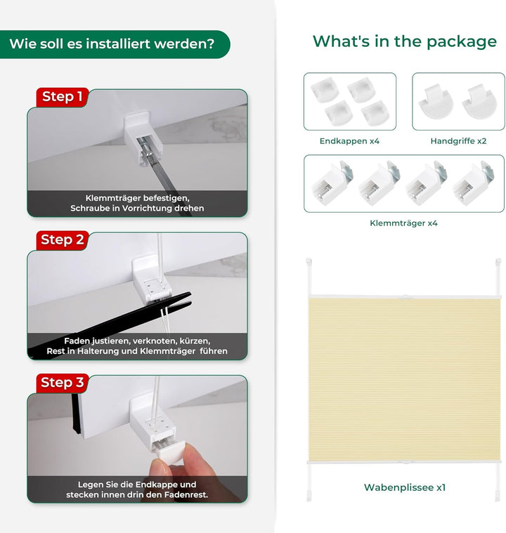 Allesin Wabenplissee ohne Bohren Klemmfix Thermo Verdunklungsplissee 45x110cm(BxH) Beige | 100% Verd
