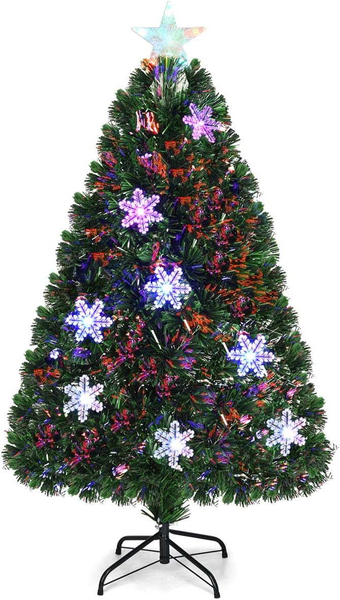 COSTWAY 120 cm LED Künstlicher Weihnachtsbaum mit Glasfaser-Farbwechsler und Sternspitze, Tannenbaum