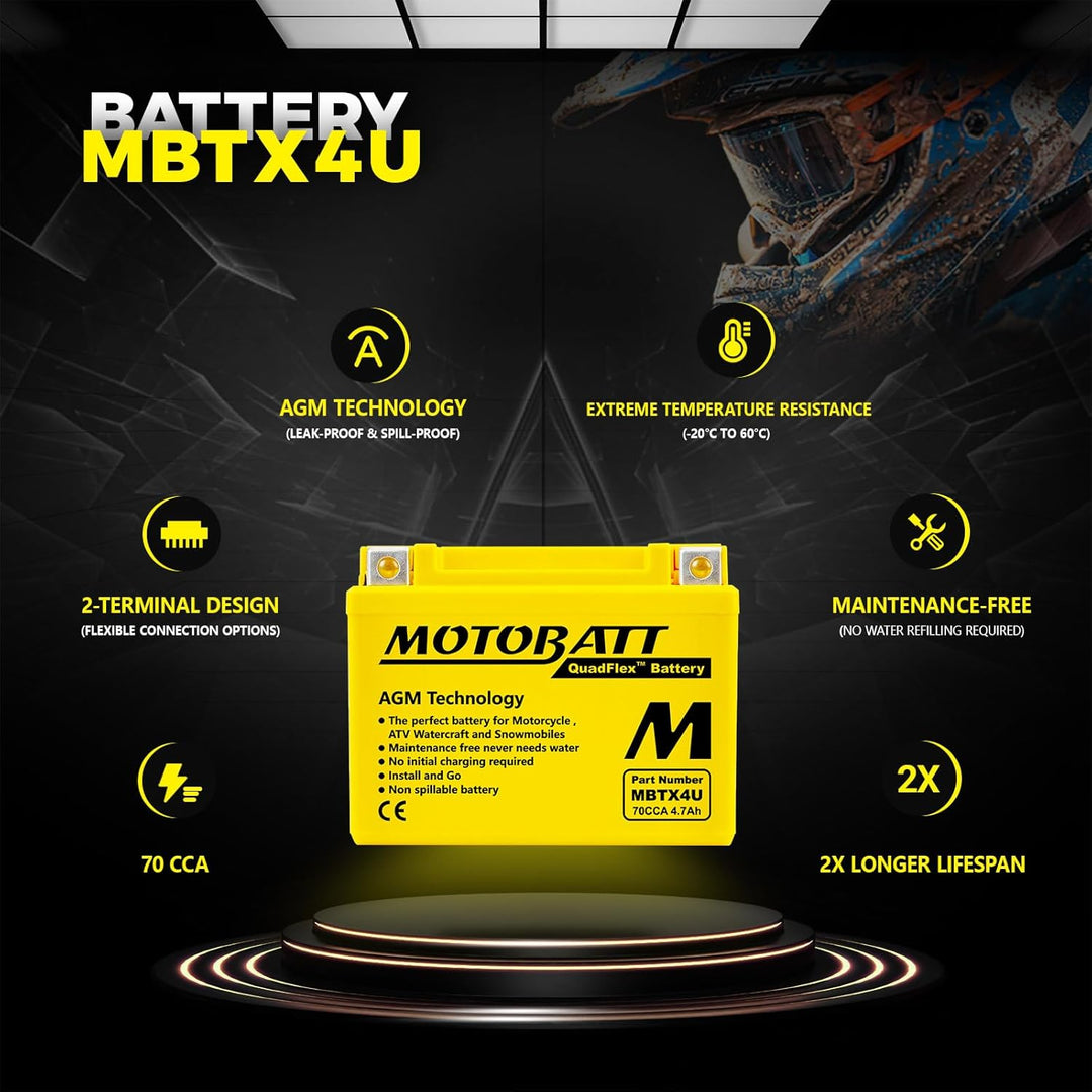 MotoBatt MBTX4U QuadFlex AGM-Batterie, 12 V, 4,7 A, 70 CCA, 12.6 x 8 x 12.1 cm