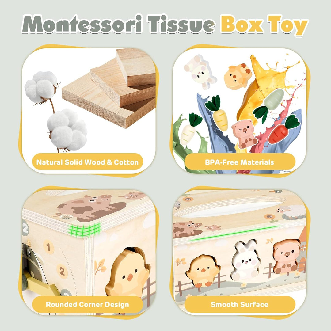 Vanplay Montessori Spielzeug Baby 12 Monate, 6 in 1 Tücherbox Baby Spielzeug ab 1 Jahr, Holzspielzeu