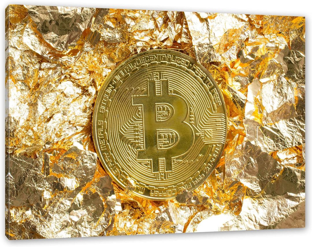 Pixxprint Bitcoin BTC Goldpapier als Leinwandbild | Grösse: 120x80 cm | Wandbild | Kunstdruck | fert