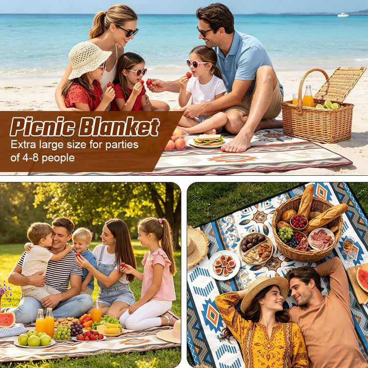 AUAUY Picknickdecke Boho Wasserdicht, 200x200cm, mit Tragegurt, Blau | Maschinenwaschbar Faltbar Str