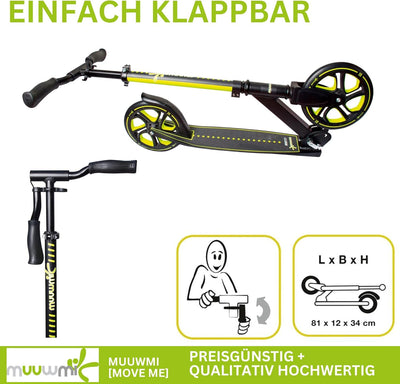 muuwmi Aluminium Scooter Pro – Tretroller, 215 mm, ABEC 7, für Kinder und Erwachsene, GS-geprüft, hö