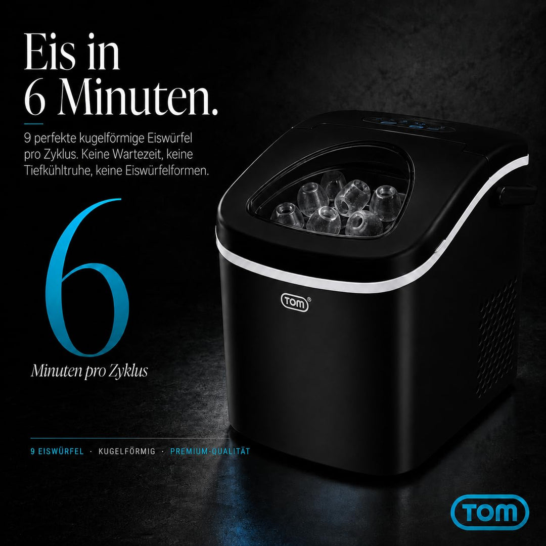 TOM Eiswürfelmaschine – 9 Eiswürfel in 6-8 min – 12 kg/24 h – 2 Würfelgrössen – Ice maker Eiswürfelm