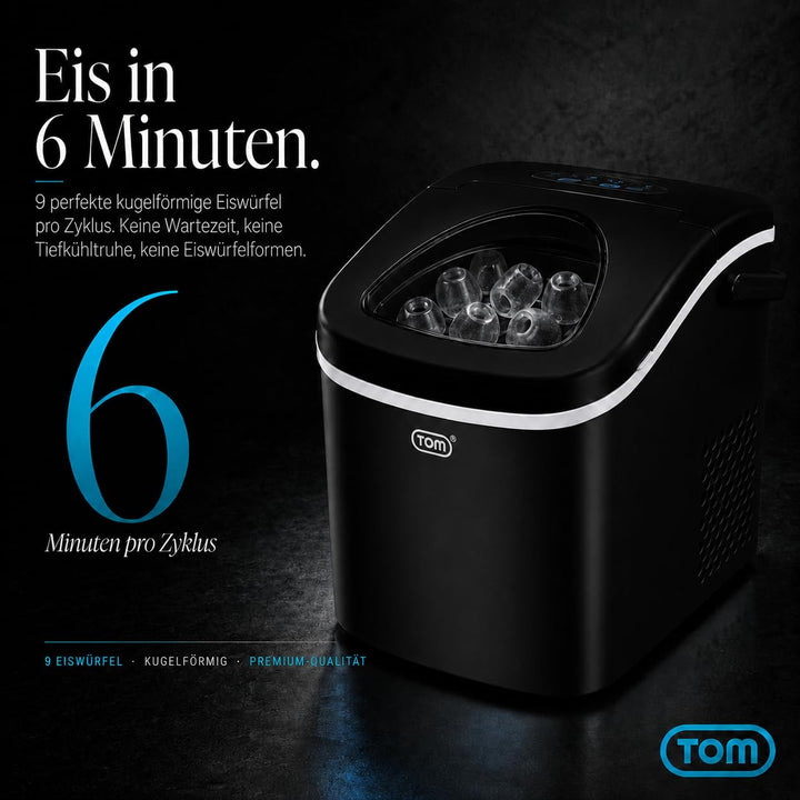 TOM Eiswürfelmaschine – 9 Eiswürfel in 6-8 min – 12 kg/24 h – 2 Würfelgrössen – Ice maker Eiswürfelm