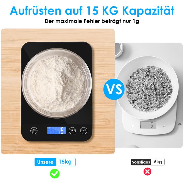 Küchenwaage Digital, 15 kg Hochpräzise 1g/0.1oz Elektronik Küchenwaage, Professionell mit Harter Fun