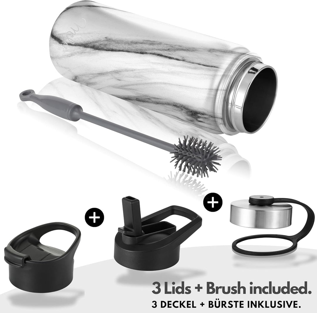 Milu Edelstahl Trinkflasche 500ml, 750ml, 1000ml (+3 Deckel) - Thermosflasche mit Strohhalm, Isolier