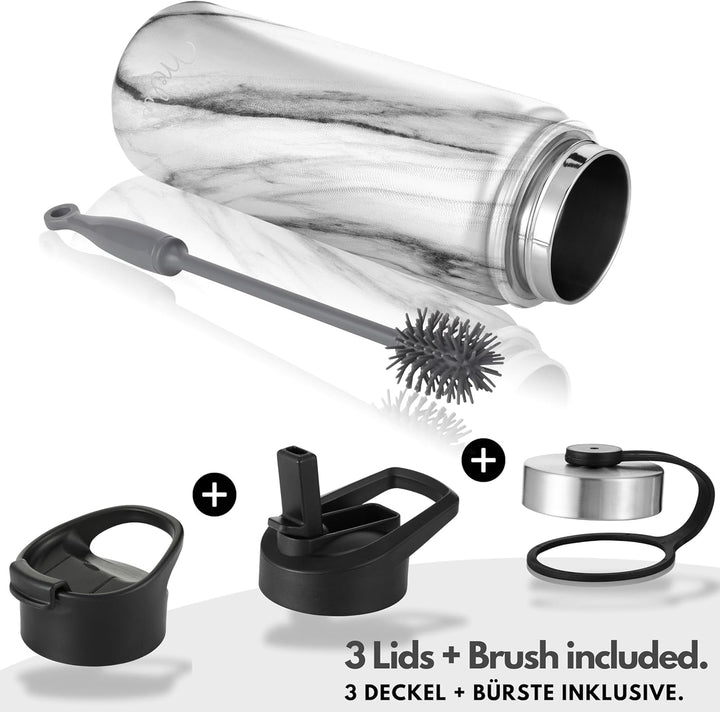 Milu Edelstahl Trinkflasche 500ml, 750ml, 1000ml (+3 Deckel) - Thermosflasche mit Strohhalm, Isolier