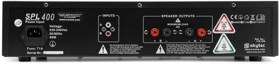 SkyTec SPL400 PA Verstärker Endstufe 400 Watt, mit 3-Band-Equalizer, 3 Kanal Input, Chinch, AUX, Amp