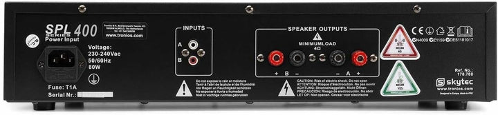 SkyTec SPL400 PA Verstärker Endstufe 400 Watt, mit 3-Band-Equalizer, 3 Kanal Input, Chinch, AUX, Amp