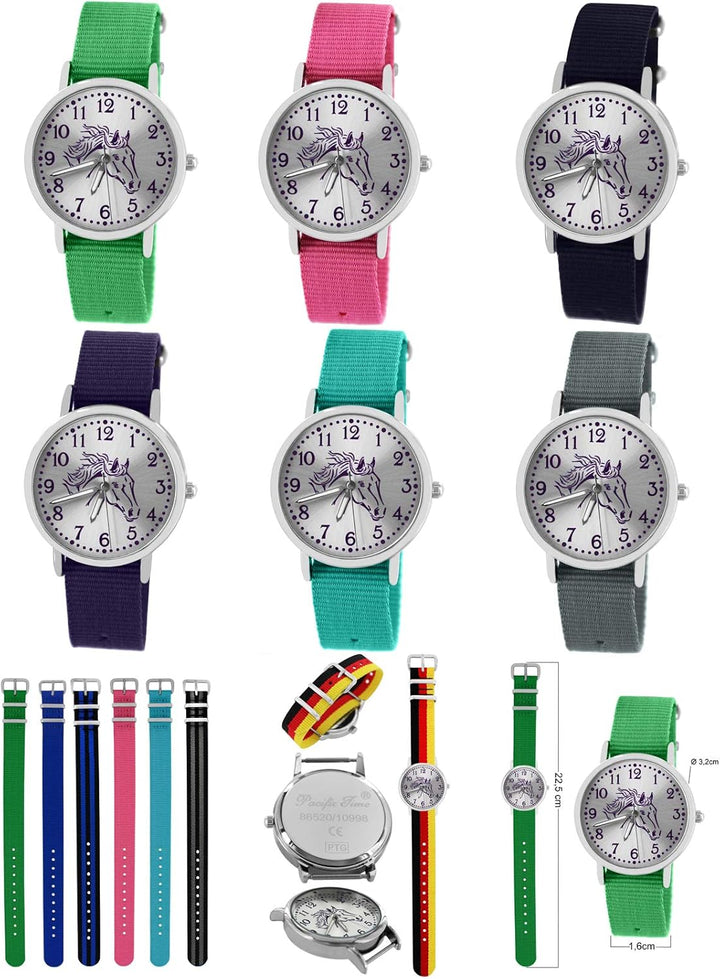 Pacific Time Mädchen Uhr Pferde analog Quarz mit Textil Wechselarmband Deutschland 10300