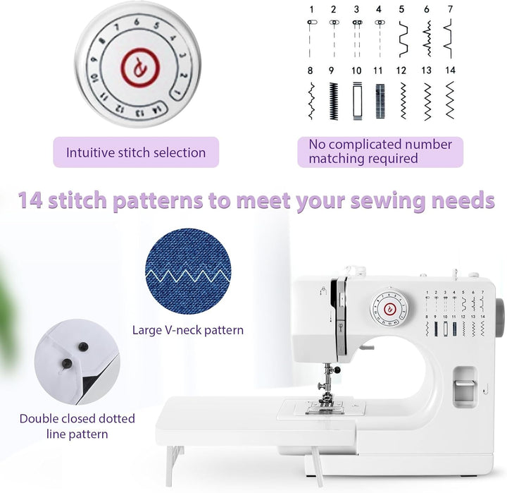 Mechanische Nähmaschine für Näh-Einsteiger & Anfänger, 14 Stichprogrammen, Nähmaschine mit Verlänger