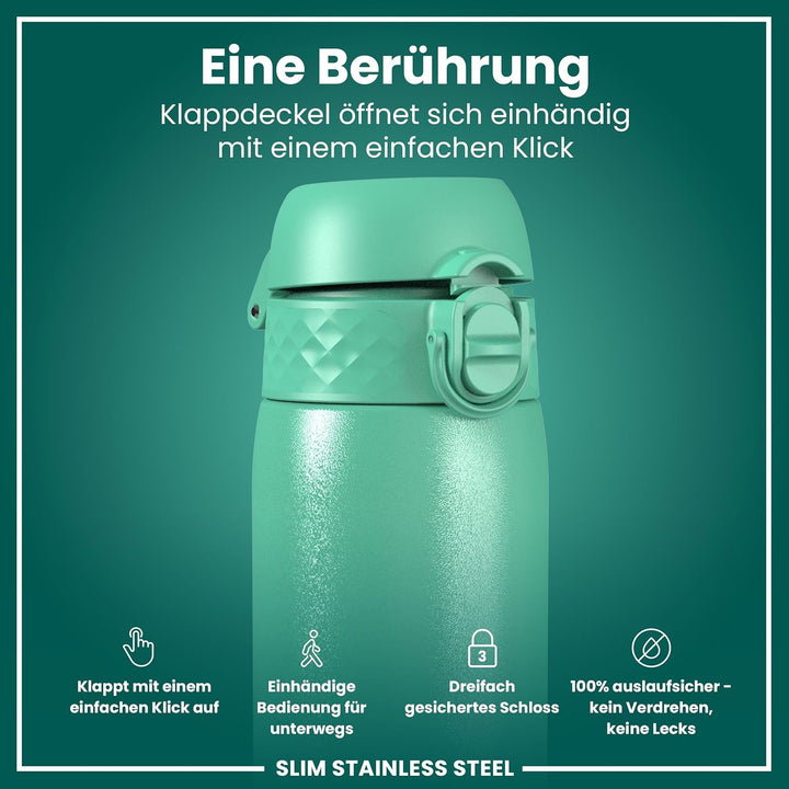 Ion8 Stahl-Trinkflasche, 600 ml, Auslaufsicher, Einhandöffnung, Sichere Verriegelung, Spülmaschinenf