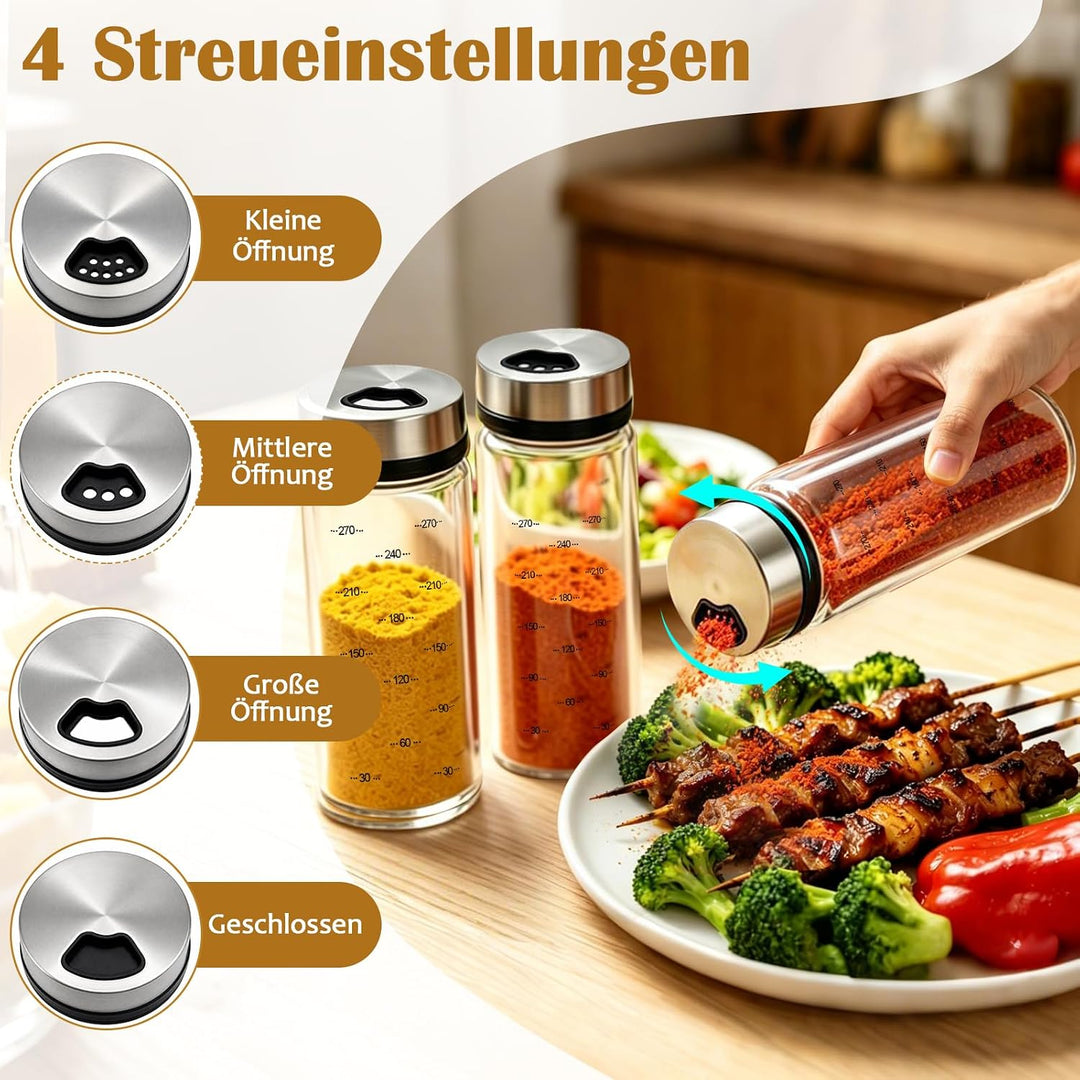 4 Stück Gewürzgläser mit Drehdeckel,300ml,3 Arten von Gewürzlöcher