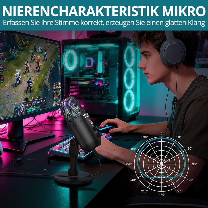 YGiTK USB-Kondensatormikrofon, Mikrofon für PS4 PS5 Gaming, Mikrofon mit Dynamisches RGB Effekt, Stu