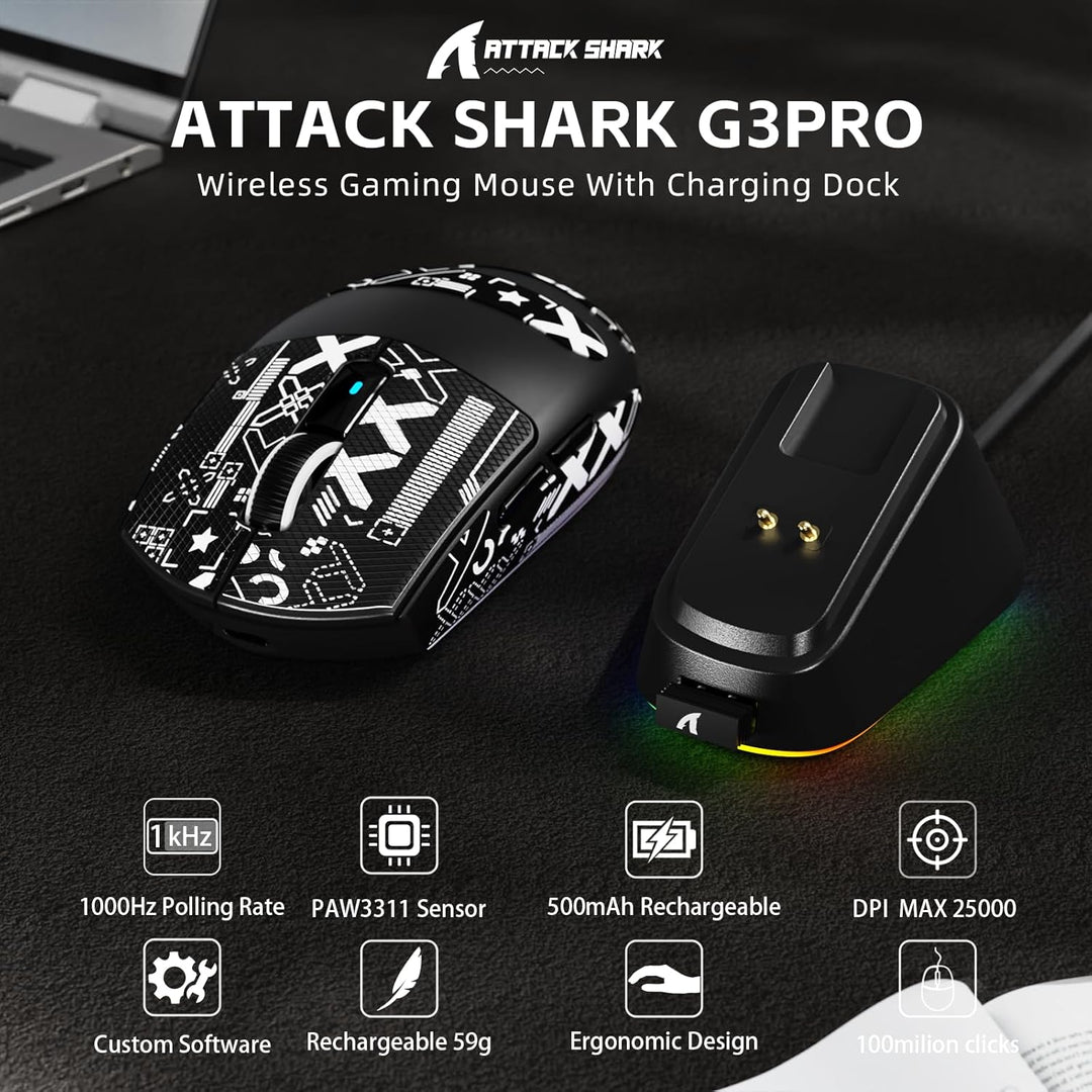 ATTACK SHARK G3PRO Kabellose Gaming-Maus mit Magnetischer Ladestation, PixArt PAW3311-Sensor, Bis zu