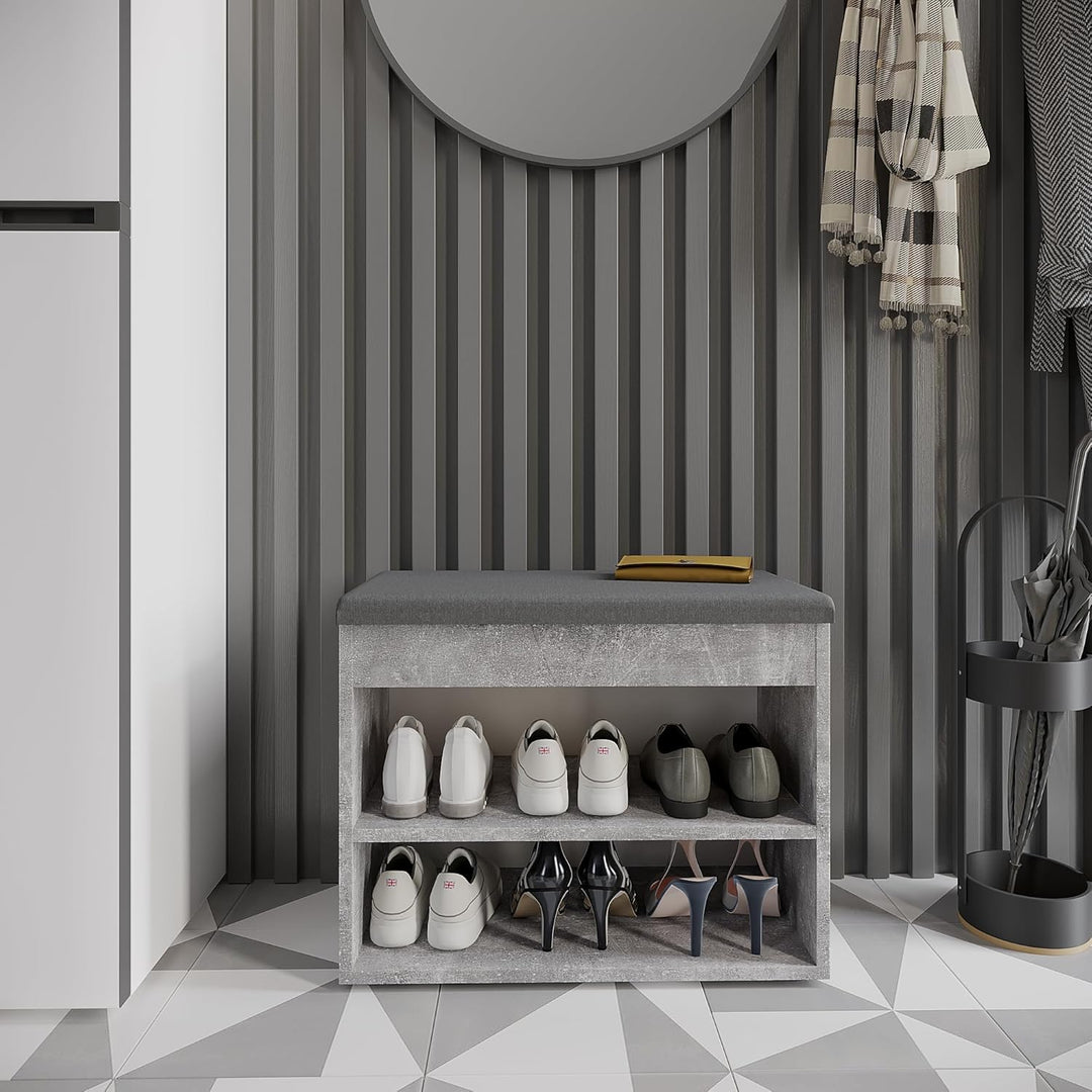 KOMTO Schuhbank mit Sitzfläche - Schuhregal Bank mit Stauraum Beton 60 x 48 x 32 cm Kleiner Schuhsch