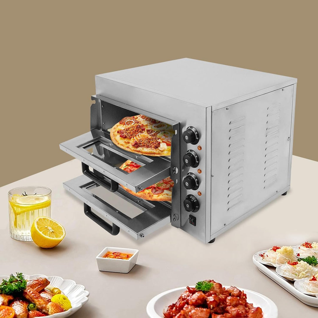 Elektrischer Pizzaofen Arbeitsplatte Edelstahl Doppelstockofen 3000W Backofen mit Thermostat für Fam