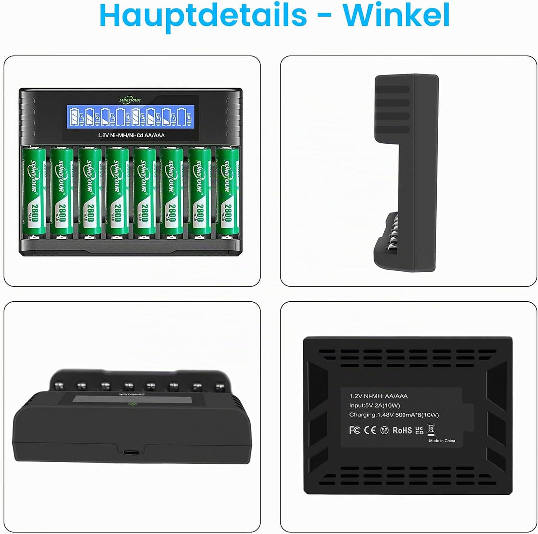 2800mAh NI-MH AA Batterie mit Ladegerät,SUNLYTOUR 8 Stück 2800mAh AA NI-MH Batterien mit 8 Slots AAA