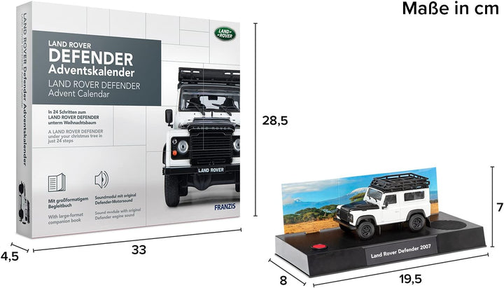 FRANZIS 67155 - Land Rover Defender Adventskalender, Metall Modellbausatz im Massstab 1:43, inkl. So