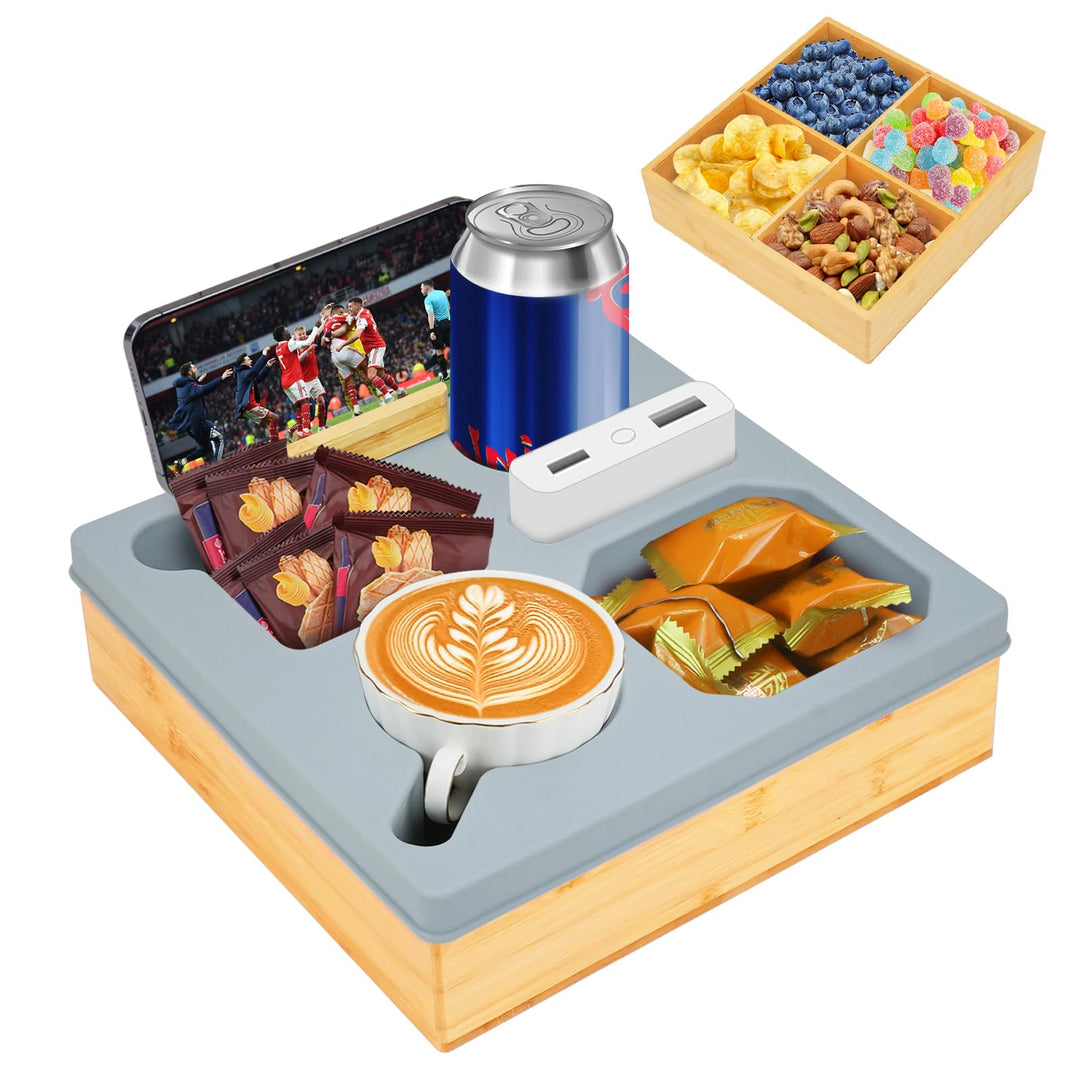 Bambus Snackbox Mit Fächern, Couchbar Snackteller Silikon, Bambusmaterial Couch Organizer, Sofatable