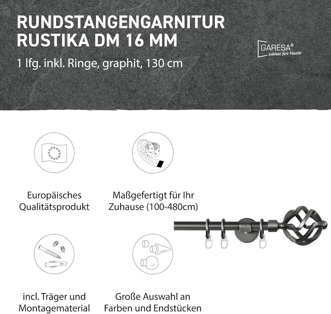 Garesa Gardinenstange Rustika Ø 16mm, 1-läufig, Graphite I Rustikale Vorhangstange aus Metall inkl.