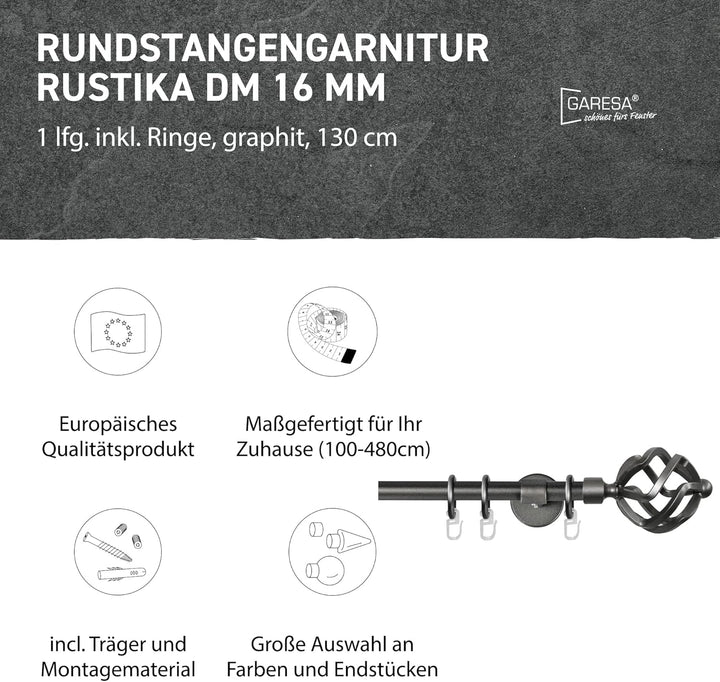Garesa Gardinenstange Rustika Ø 16mm, 1-läufig, Graphite I Rustikale Vorhangstange aus Metall inkl.